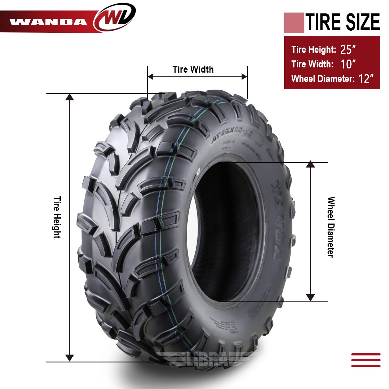 Wanda Atv Utv Tires 25X10-12 25X10X12 6-Ply Light Mud Tires, Set 2-10244