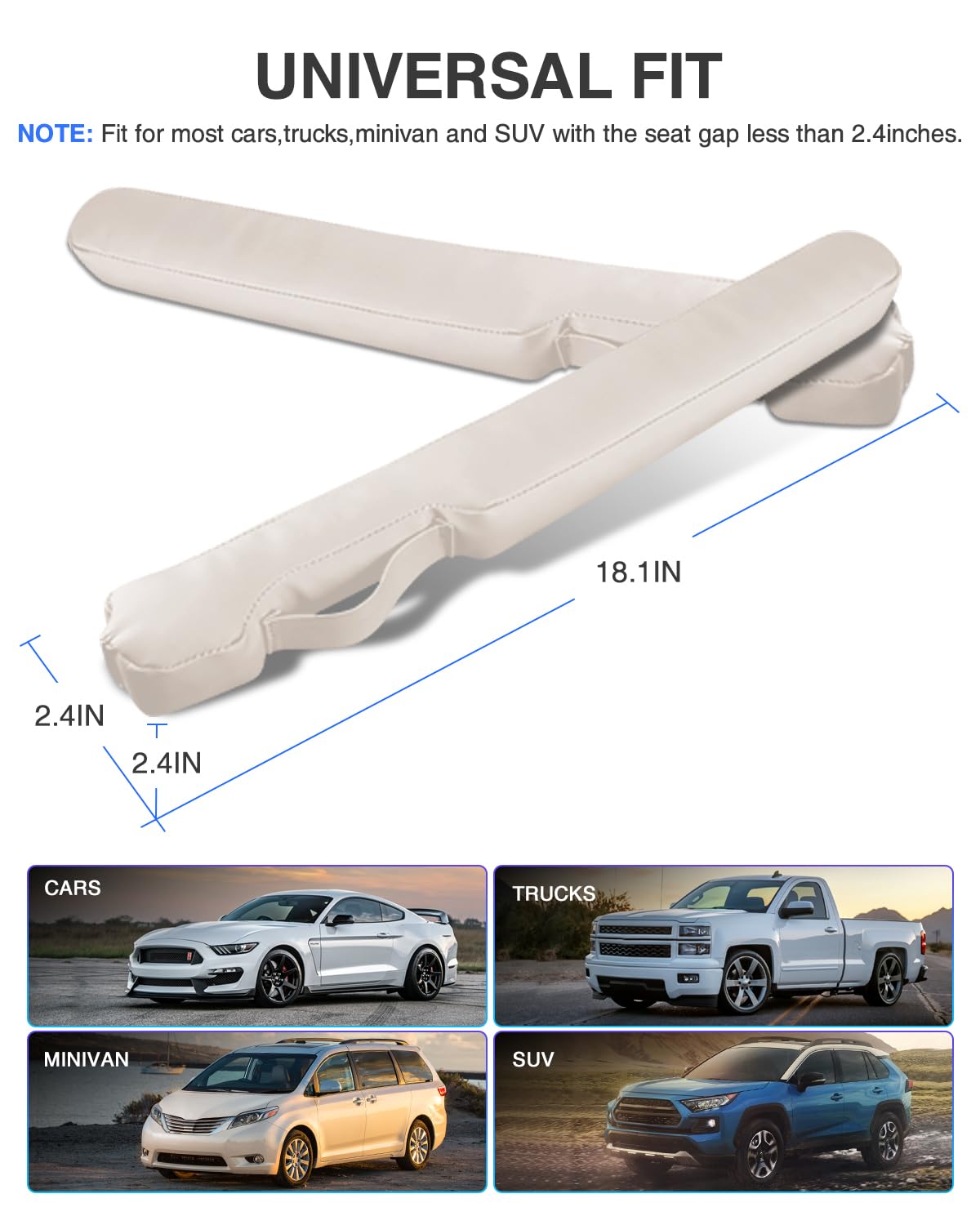 Homaupt Leather Car Seat Gap Filler, Beige Faux Leather, Universal Fit for Car, Truck, SUV - Model SGF02W, 2 Packs