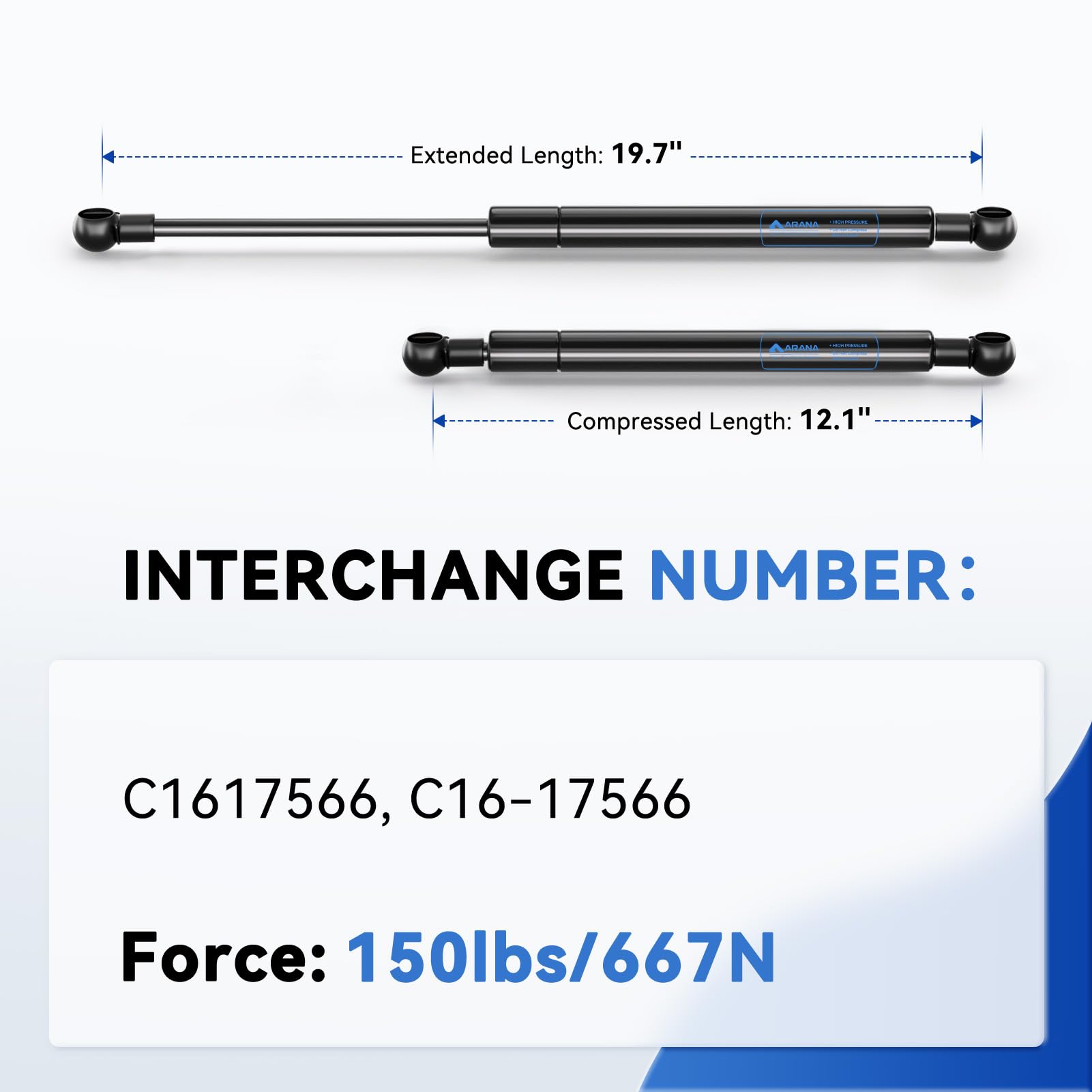 ARANA Gas Struts Set of 2, 20" Heavy Duty Lift-Support, Carbon Steel, Black, Model C1617566 for RV Bed, Murphy Bed, Tonneau Cover