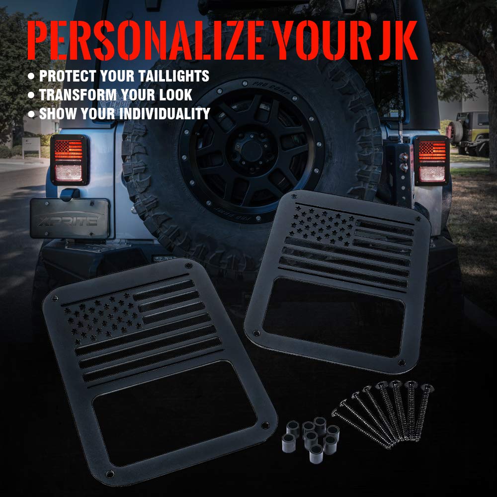 Xprite Aluminum Alloy American Us Flag    Tail Light Covers Guards Protectors Compatible With 2007-2018 Jeep Wrangler Jk Unlimit