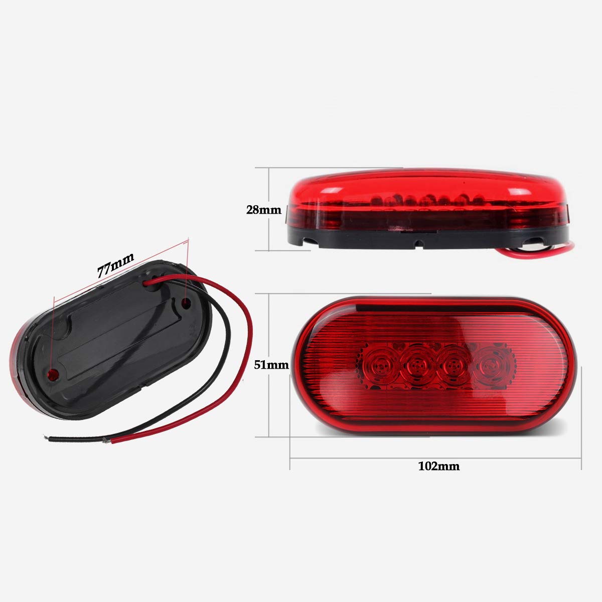 Partsam 2 Amber + 2 Red 12V 4'' X 2'' Oval Led Truck Side Marker Light Surface Mount 10 Diodes, Sealed Trailer Led Clearance And