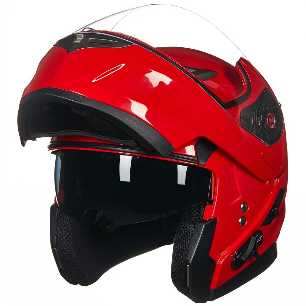 Ilm Bluetooth Integrated Modular Flip Up Full Face Motorcycle Helmet Sun Shield Mp3 Intercom Model 953 (Xl, Red)