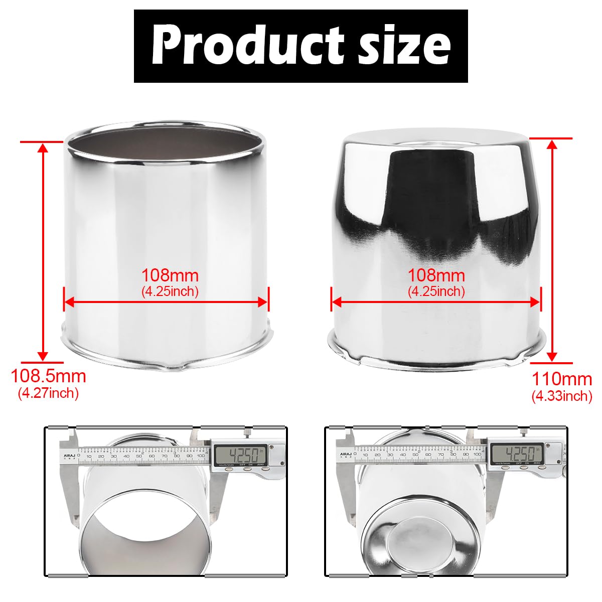 Rheedal 4Pcs 4.25" Chrome Trailer Wheel Center Caps, Carbon Steel, Mirror Polished, Concave & Open Styles for Truck/SUV/RV