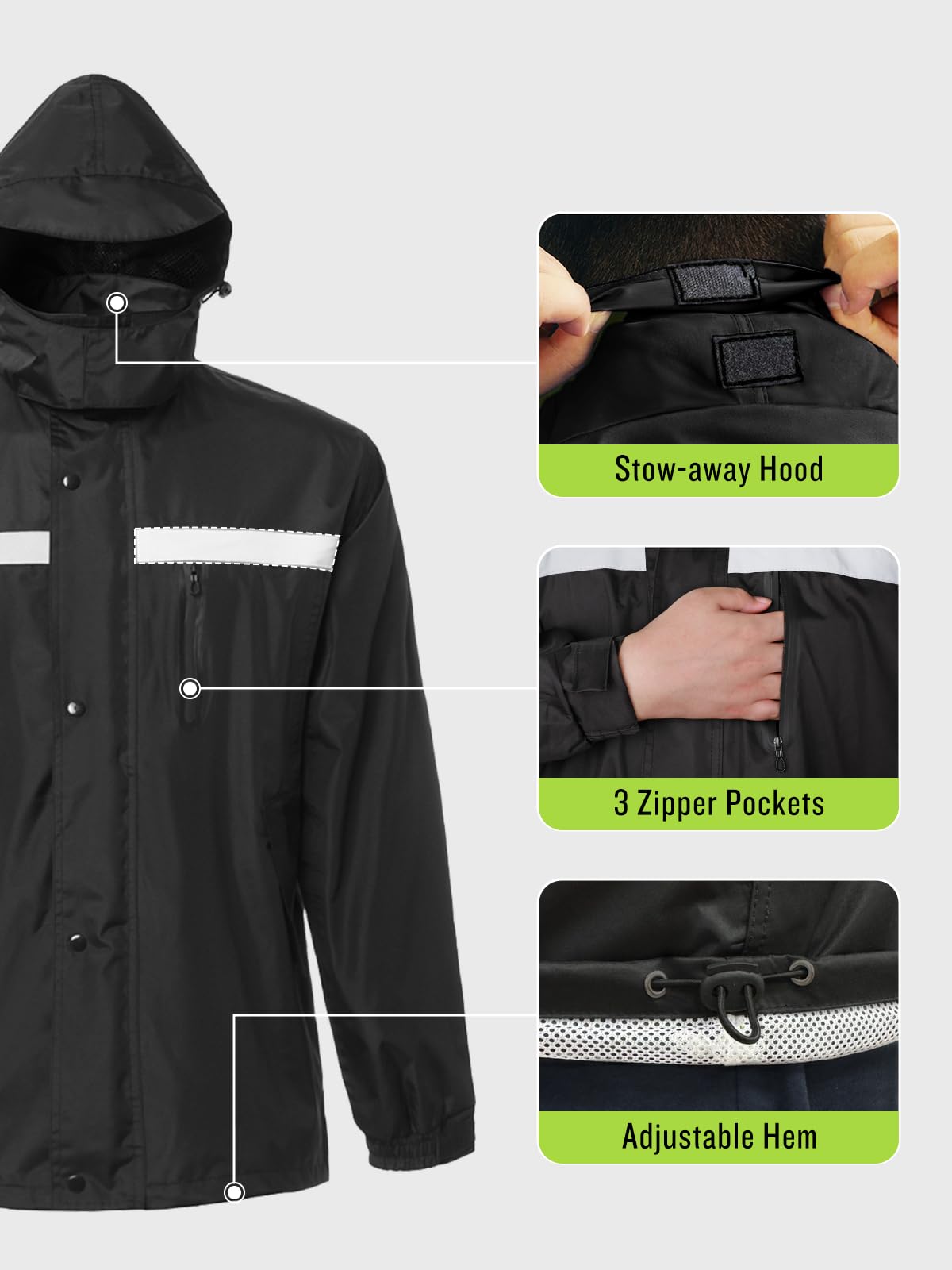 Men&Women Rain Suit High Visibility Reflective Work Rain Jacket Pants For All Sport Farm Fishing Motorcycle, Hi-Vis Black, Small
