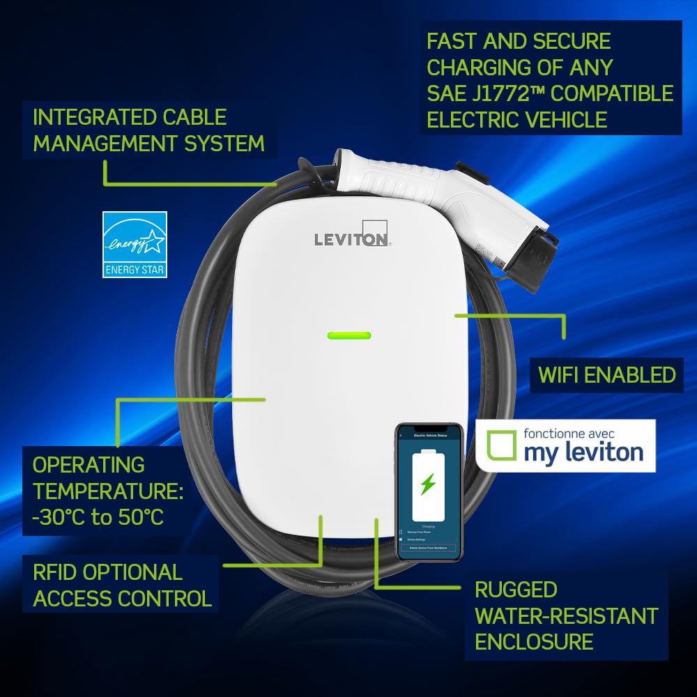 Leviton Level 2 Smart EV Charger, 48 Amp, 11.6 kW, Wi-Fi, Hardwired, Indoor/Outdoor, Model EV48W, 18' Cable