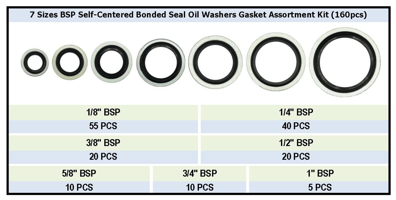 Dsnaduo 160Pcs BSP Dowty Bonded Seal Washer Assortment Kit, 7 Sizes (1/8 to 1), Black, Model 160-7G for Automotive