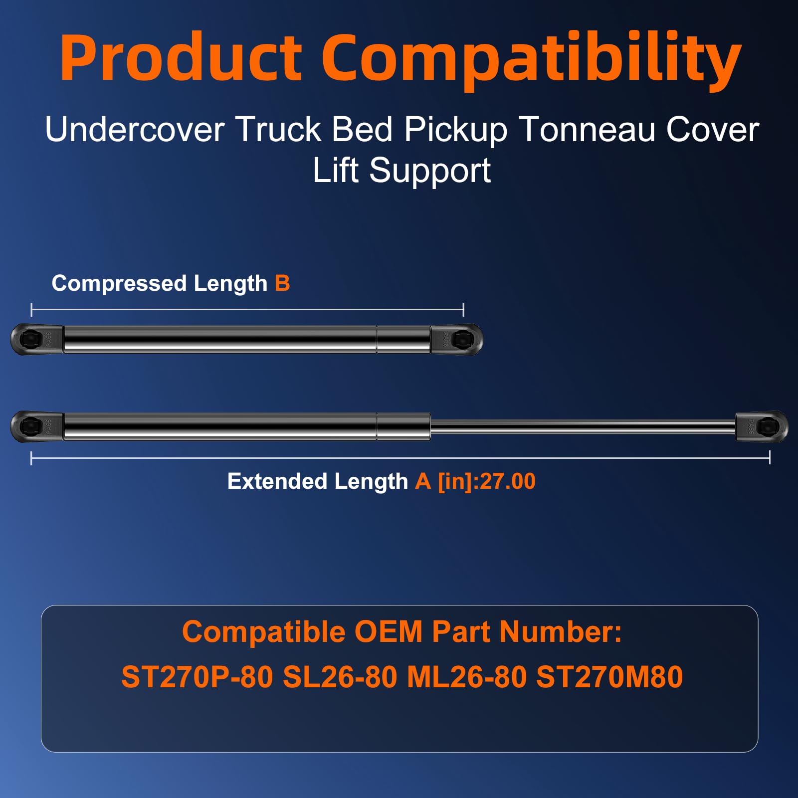 Qty(2) St270P-80 27In Gas Strut Spring - 80Lb/356N - Undercover Gas Prop Shock Lift Support For Truck Bed Pickup Tonneau Cover,