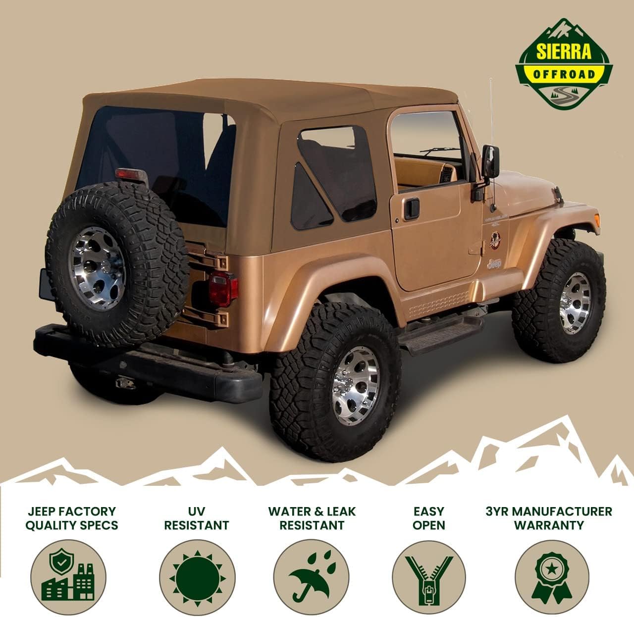 Sierra Offroad Soft Top for 97-06 Jeep Wrangler TJ - Sailcloth Vinyl, Spice Color, 2 Door, Factory Fit, No Upper Door Skins