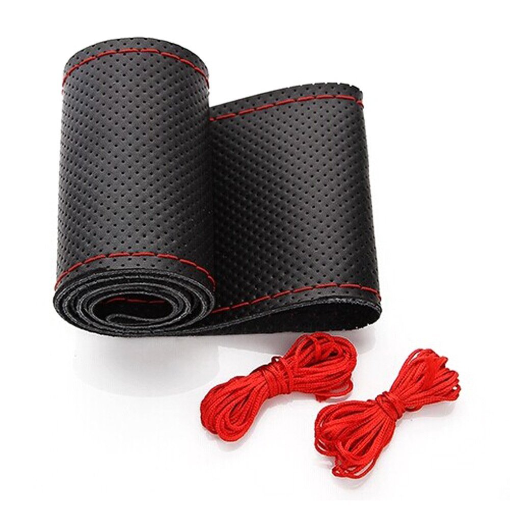 Belinous Universal Leather Car Steering Wheel Cover, Stitch On Wrap (Size M4, Black And Red)