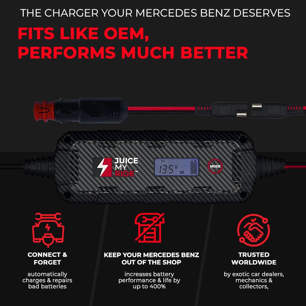 Juice My Ride JMR Battery Charger for Mercedes-Benz AMG GT, S Class, GLE, CLS - 12V Cig Port, Add Lithium Mode, Model JSC-6A