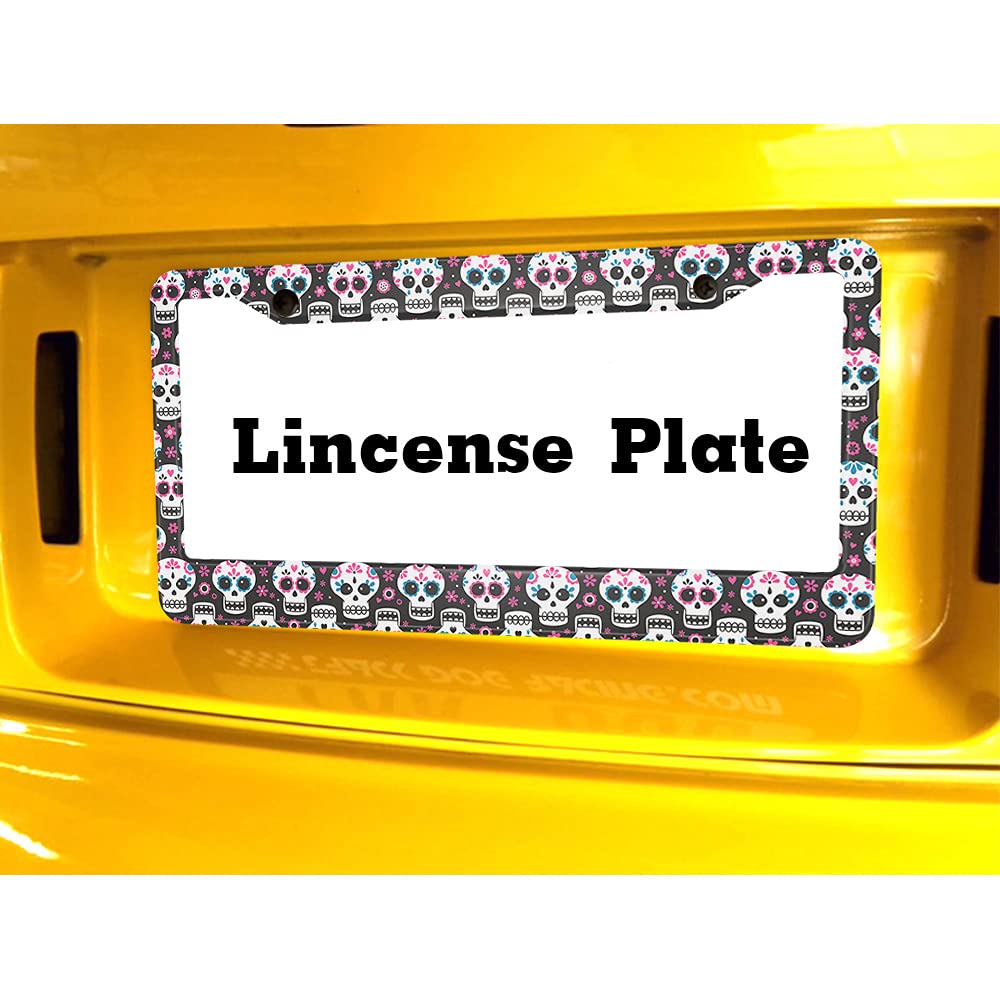 Beabes Flower Skull License Plate Frame Pink Flowers License Plate Holder Cute Funny Skulls Car Tag Frame License Plate Cover Car Accessories 2 Holes Novelty Auto Car Tag Vanity Gift