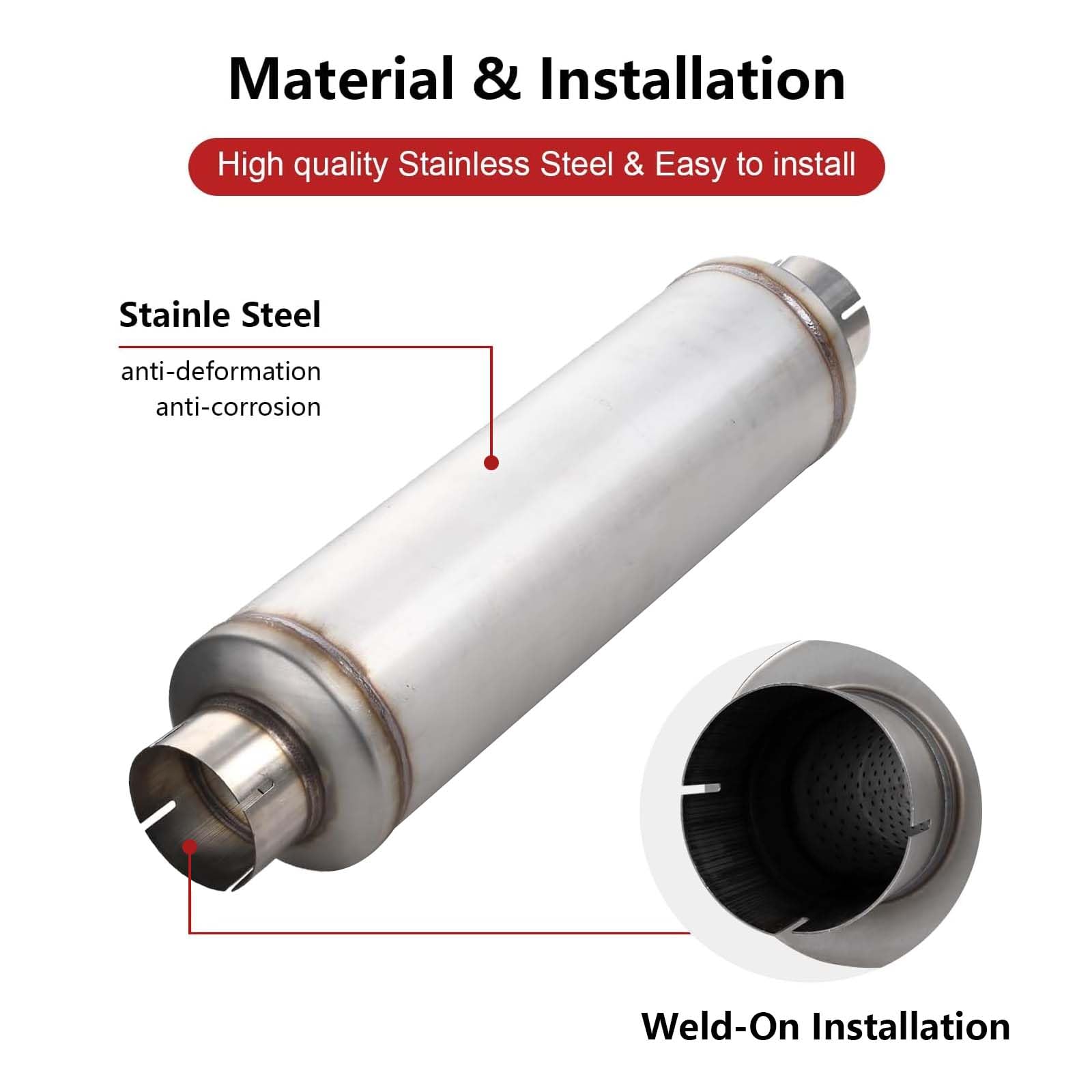 A-Karck 3'' Inlet Exhaust Resonator, 3'' Inlet 3'' Outlet 21'' Overall Length Muffler Resonator Stainless Steel