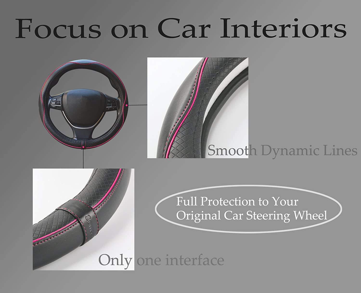Rsept Car Steering Wheel Cover, Heavy Duty Leather, Anti-Slip, Sports Style, Black with Pink Line, Model 131