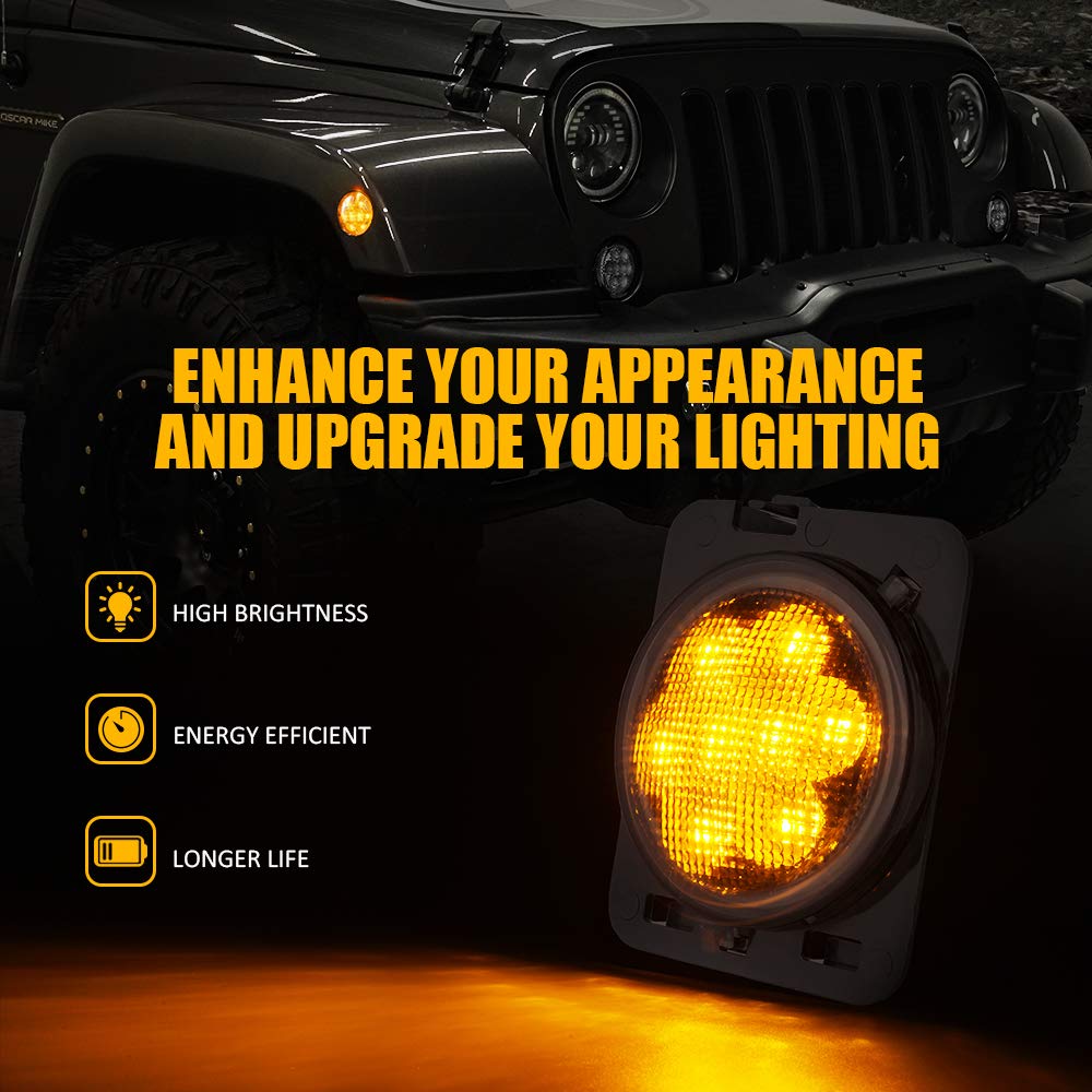 Xprite Smoked Lens Turn Signal & Side Marker Lights Kits Compatible With 2007-2018 Jeep Wrangler Jk Jku Unlimited, Jk Led Blinke