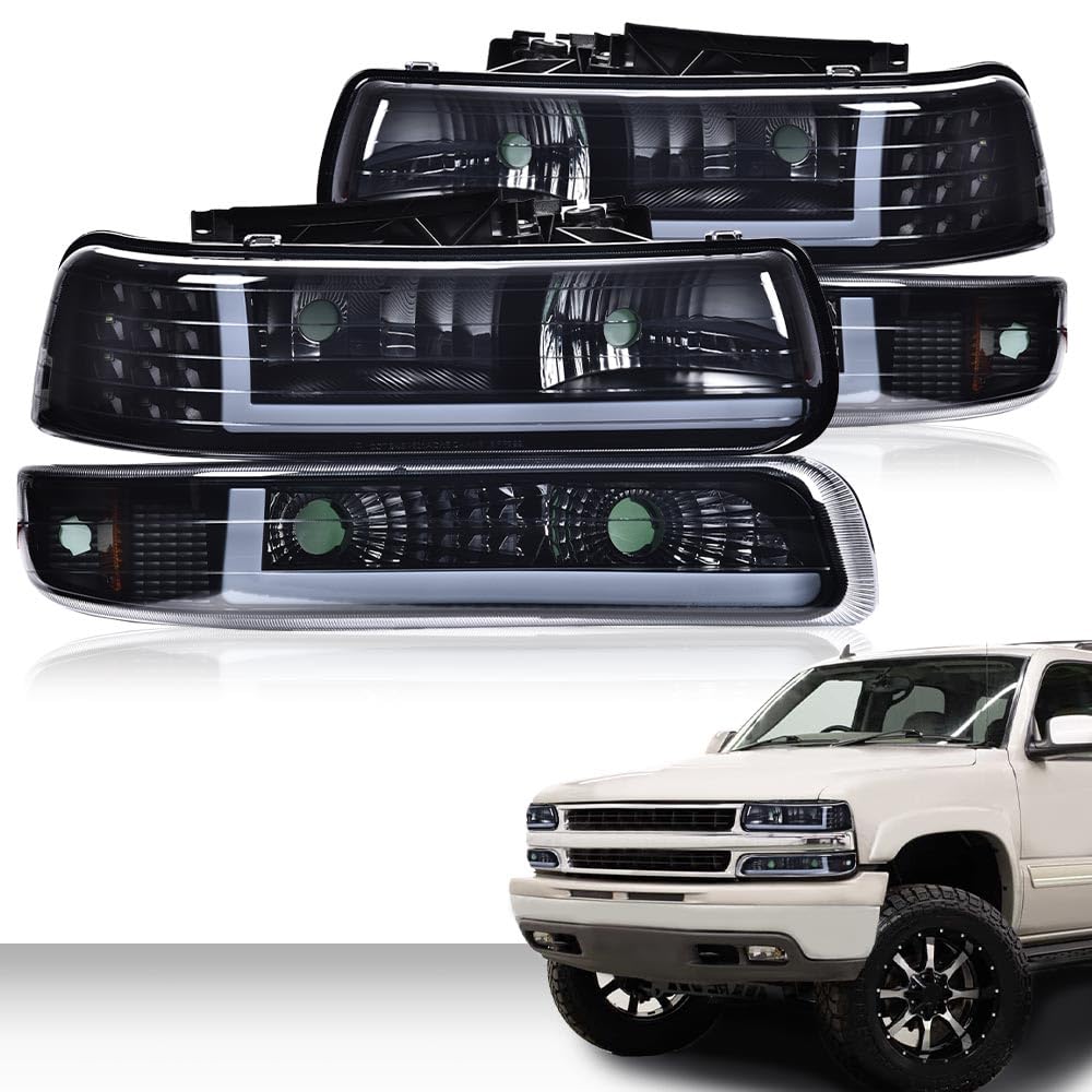 Pit66 Led Drl Headlight Assembly Compatible With 1999-2002 Chevy Silverado / 2000-2006 Tahoe Suburban Headlamp W/Bumper Lights H