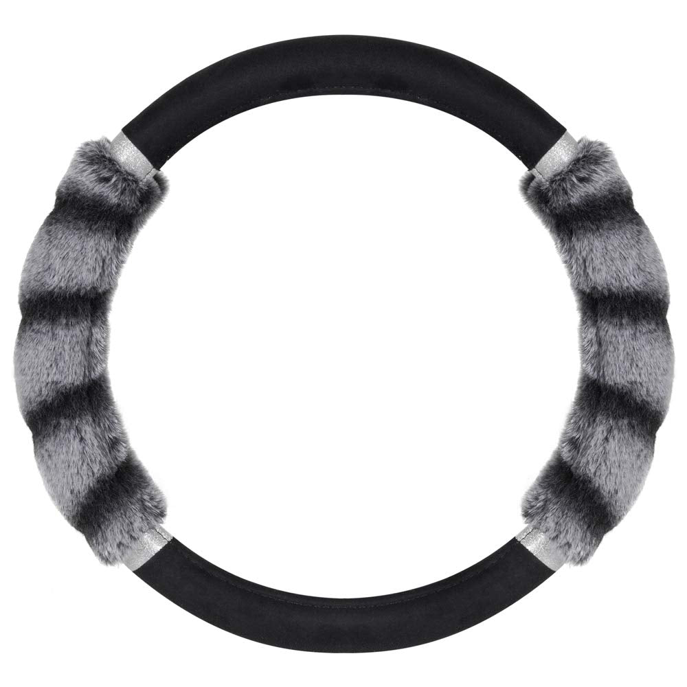 Bdk Bear Fur Plush Steering Wheel Cover - Cute Faux Wool Protector For Women Girls Fits Wheels 14.5-15 Inch Two Tone Black/Gray