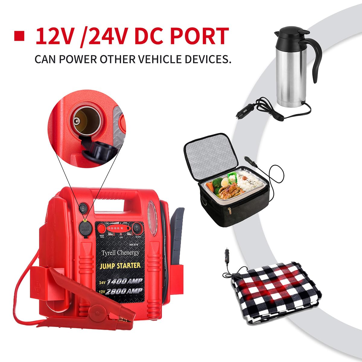Tyrell Chenergy 12V/24V Jump Starter, 2800A Peak, Heavy Duty Booster Pack, Model HH974, Includes Dual USB & DC Ports