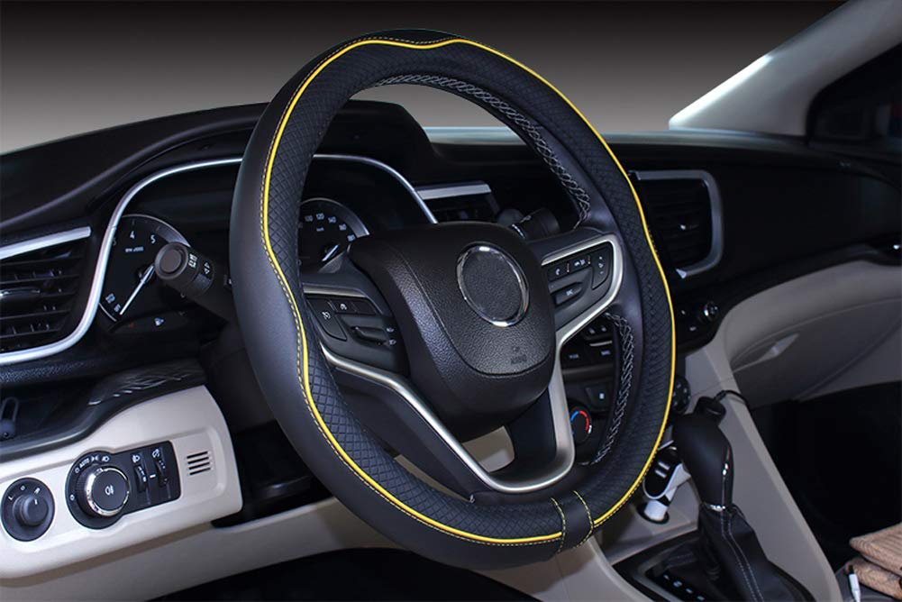 Mayco Bell Universal Standard Size Steering Wheel Cover Anti-Slip,Safety,Soft,Breathable,Durable,Full Surround,Comfortable Grip Microfiber Leather (14.5-15 Inch,Black Yellow)