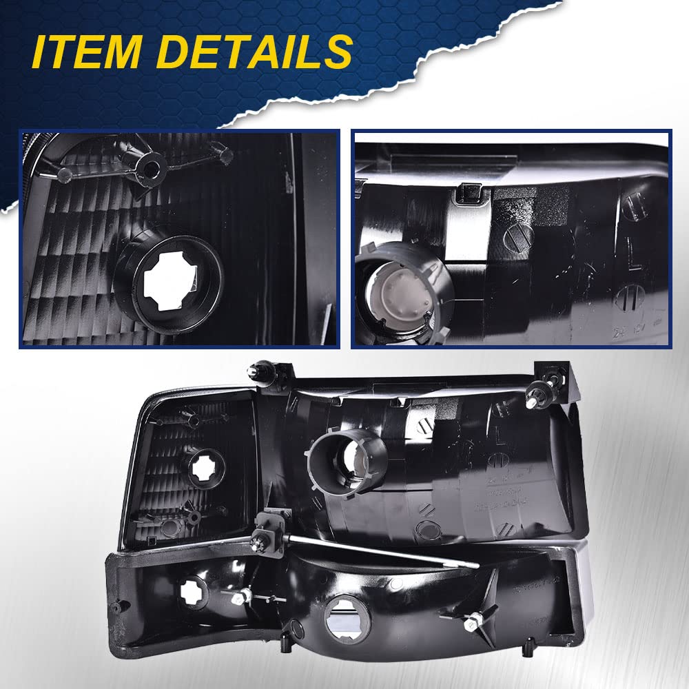CHEDA Headlight Assembly for 1992-1996 Ford Bronco F150, 1992-1997 F250 F350, Halogen, Clear Lens Black Housing, 6pc Set