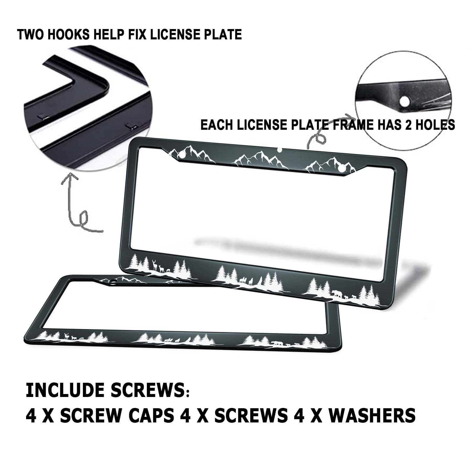 HOSNYE Mountains License Plate Frame Black 2 Pcs Deer Bear Wolf and Fox Silhouette of Wild Animals Metal Licenses Plates Frames