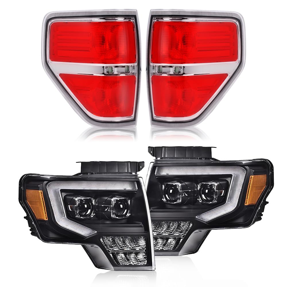 GRAND ORANGE LED Tube Dual Headlights + Rear Clear Tail Lights Assembly Compatible with Ford F150 2009-2014 4PCS Clear Lens Blac