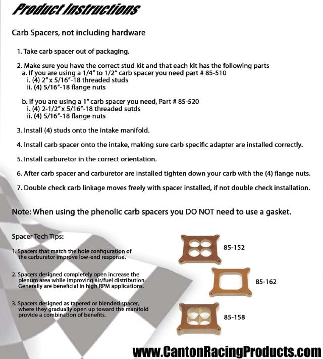 Canton Racing Products ''85-154 Phenolic Carburetor Spacer (For 4150/4160 Holley 4 Hole 1/4''), 1 Pack''