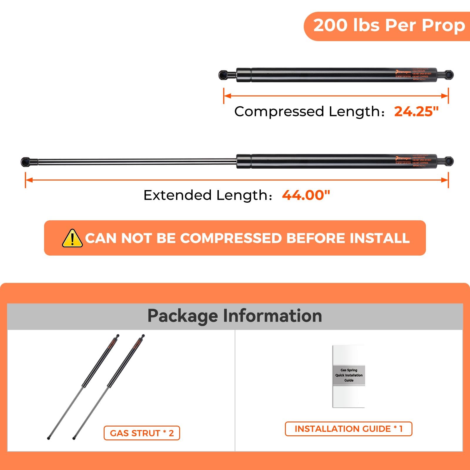 Pamagoo Sf440M200 44 Inch 200Lb Gas Struts 44'' Spring Shock Lift Support For Snowmobile Trailer Heavy Floor Hatch Heavy-Duty Sl