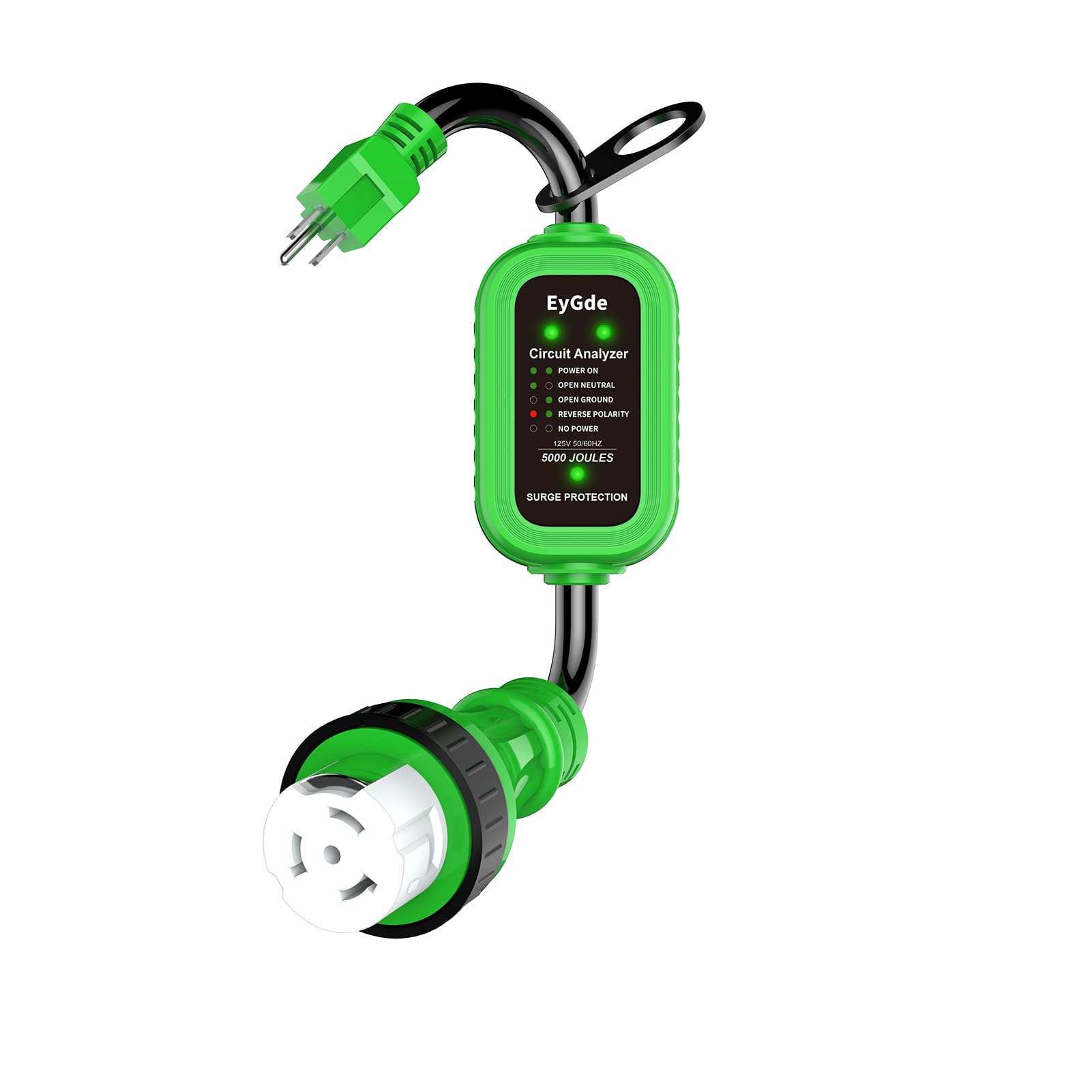 Eygde 50 Amp To 15 Amp 110 Rv Adapter With Surge Protector, Patented 5000J 15 Amp Male To 50 Amp Adapter With Twist Locking Connector, Circuit Analyzer Voltage Protector For Camper Trailer, Green
