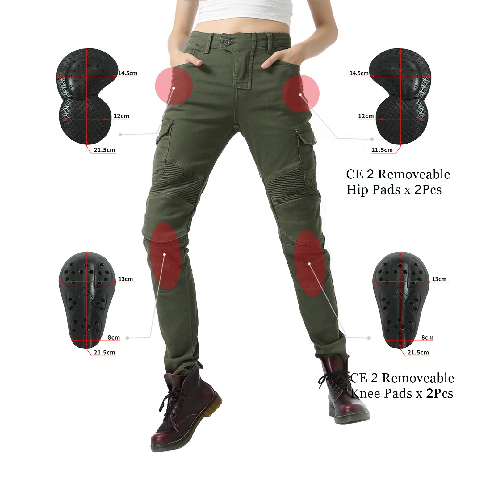 LOMENG Motorcycle Riding Pants Motorcycle Jeans Slim Fit with CE Knee Hip Removable Protectors Armor for Women Green XS 26