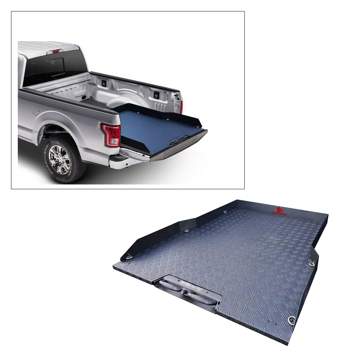 Black Horse Textured Black Aluminum Slide Tray W/Aluminum Checker Plate - Compatible With 15 24 Ford F-150/Chevrolet Silverado 1500 09 24 Dodge Ram 1500 11 24 Ram 1500 14-24Toyota Tundra-Bscp01B