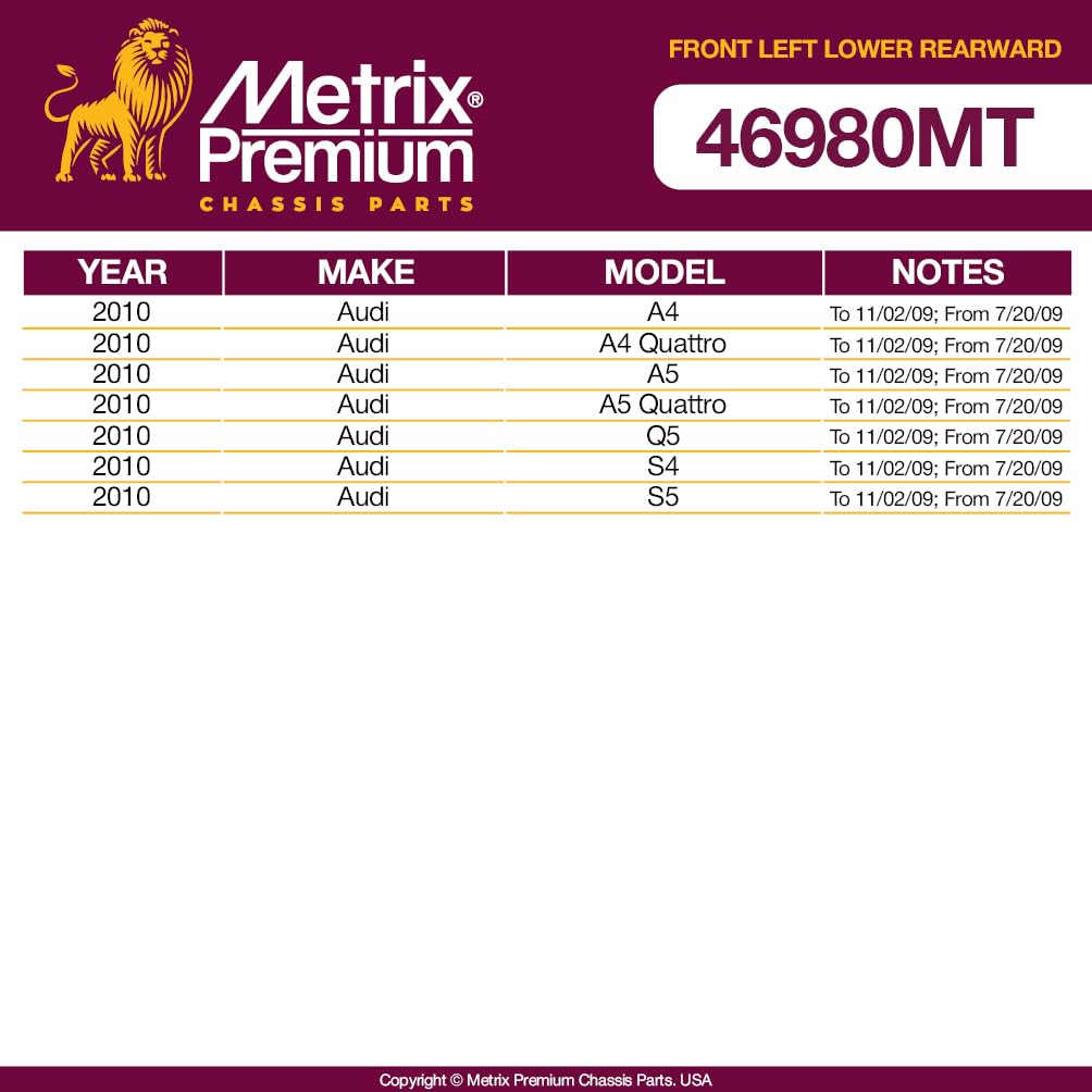 Metrix Premium Chassis Parts - Front Left Lower Rearward Control Arm W Ball Joint & Bushing Assembly Fits 2010 Audi A4, A4 Quatt