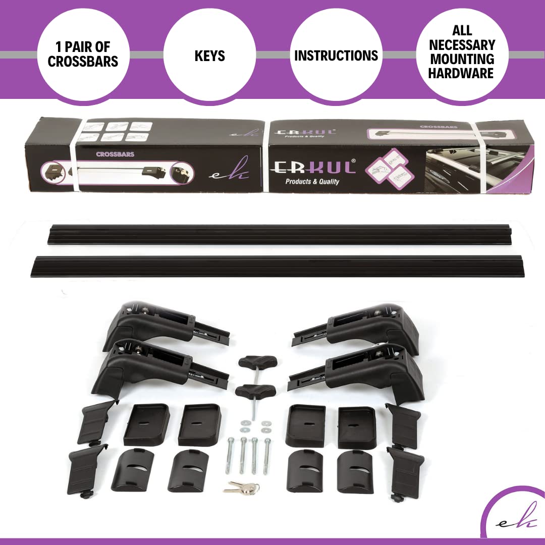 Erkul Heavy Duty 220Lb Roof Rack Cross Bars For Kia Soul 2014-2019 | Aluminum Crossbars With Anti Theft Lock For Rooftop | Compatible With Fixed Points Roofs - Silver