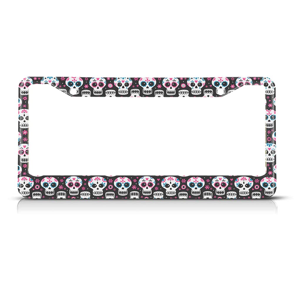 Beabes Flower Skull License Plate Frame Pink Flowers License Plate Holder Cute Funny Skulls Car Tag Frame License Plate Cover Car Accessories 2 Holes Novelty Auto Car Tag Vanity Gift