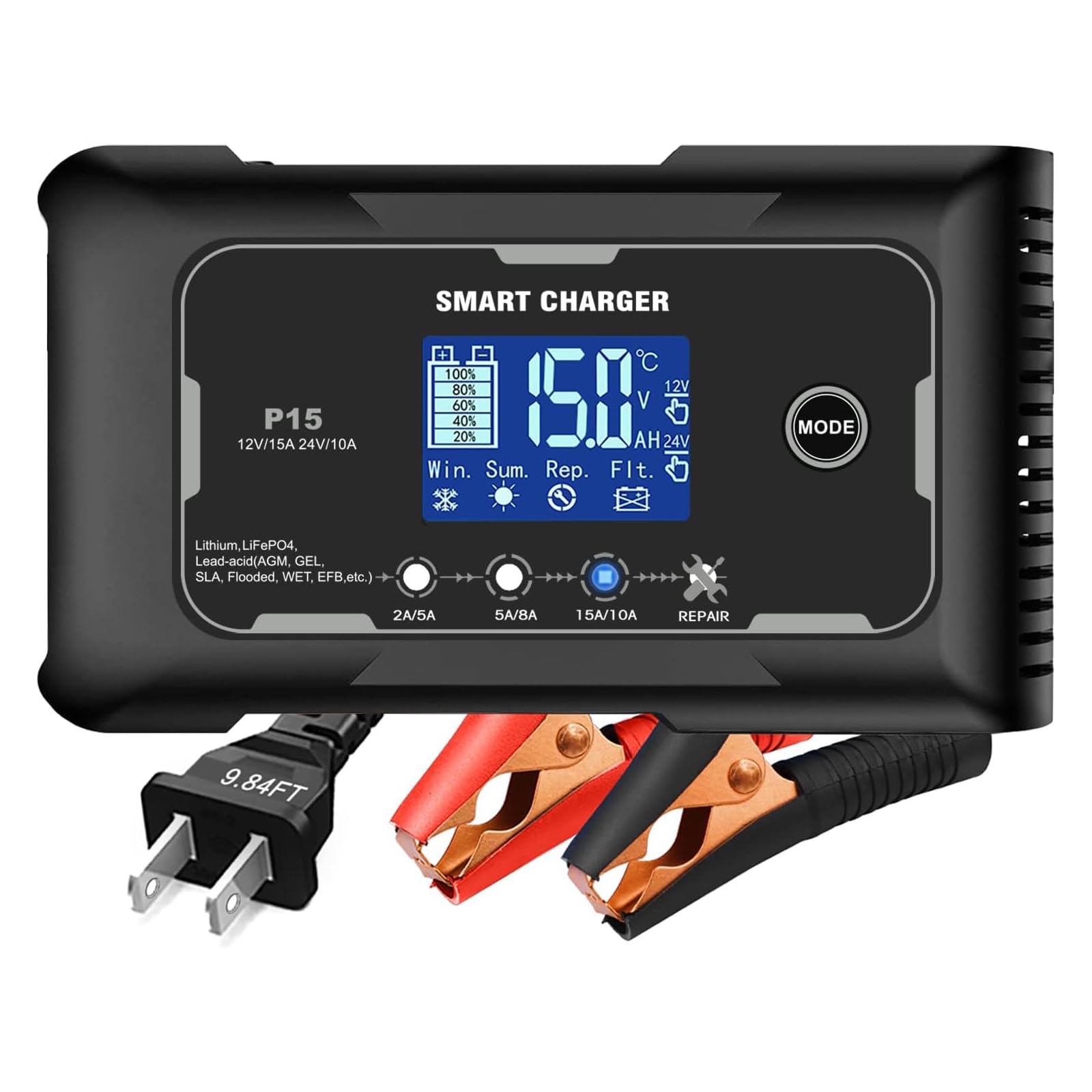Lifepo4 Charger 15-Amp Fully-Automatic Smart Charger,12V And 24V Battery Charger,12V/15A 24V/10A Lead-Acid(Agm/Gel/Sla)/Lithium