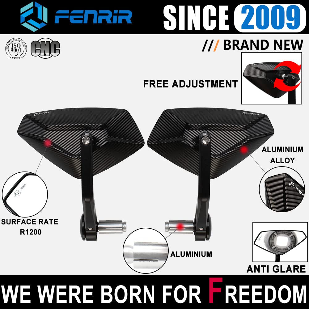 FENRIR CNC Aluminum Motorcycle Handlebar Mirror, Anti-vibration, Black, 7/8" (22MM), Model 801-0500, Large Field of View for Bikes