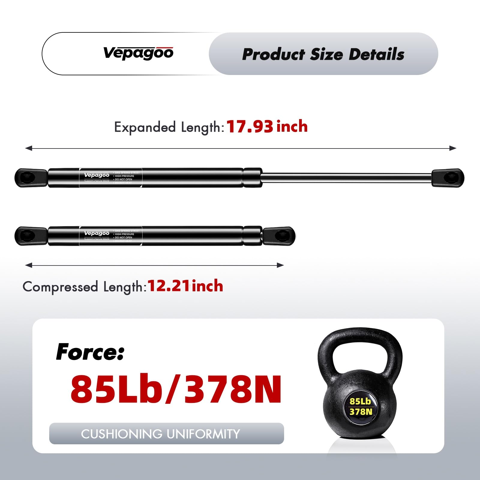 Vepagoo 18 Inch 85Lb/378N Gas Struts Shocks Sping Camper Topper Shell Are Leer Rear Window Truck Canopy Cap Cover Lift Support C