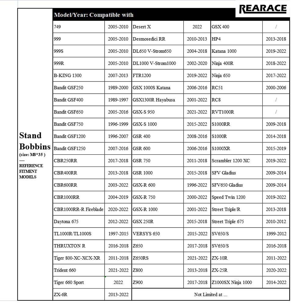 REARACE M8 Swing Arm Spools Sliders Compatible with ZX-6R/10R/25R,Ninja 400R,GSX-R 600/750/1000,SV650/S,GSX1300R,GSX-S 1000, Uni