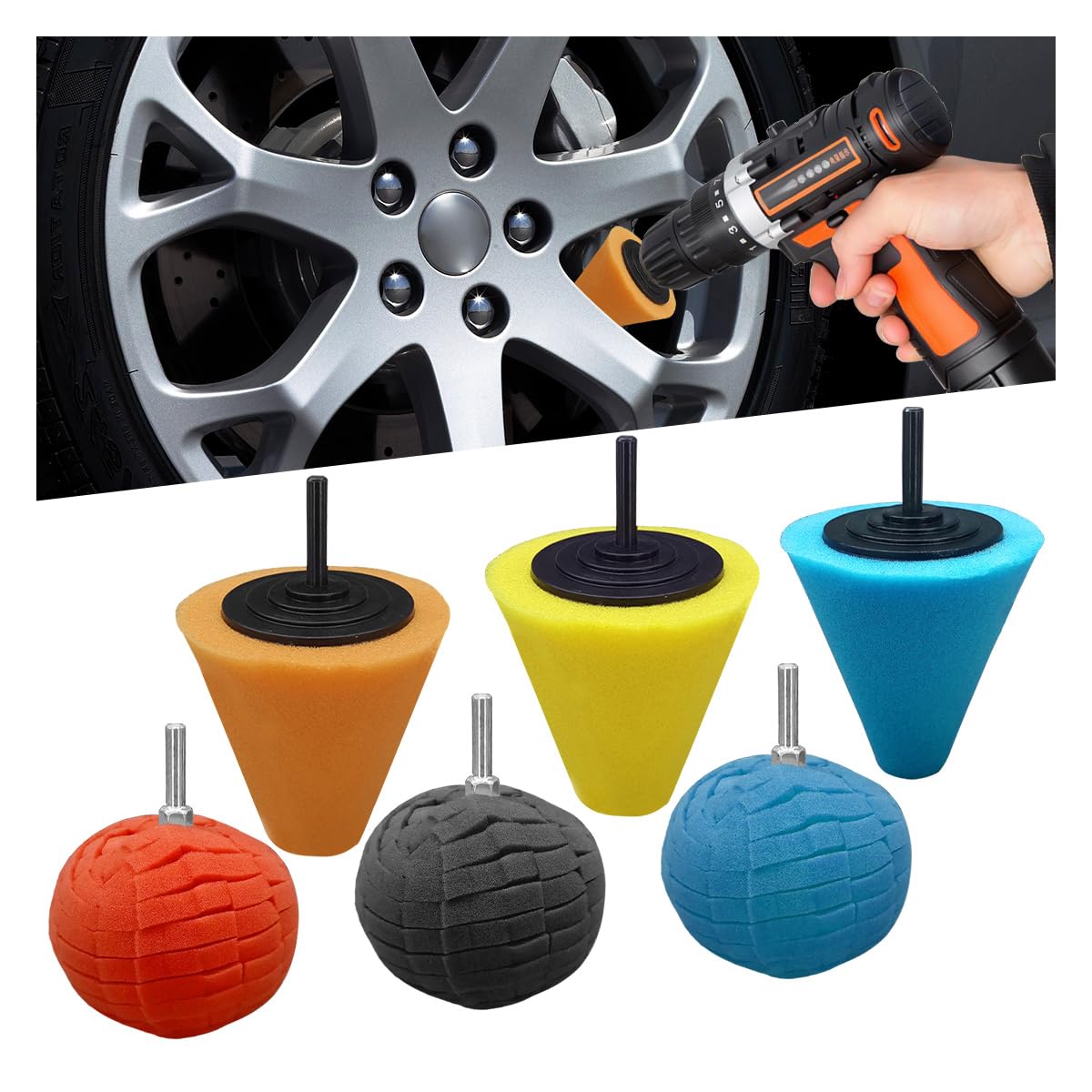 Tuxihapp 6PCS Car Drill Buffing Polishing Sponge Pads for Wheel Hub Cleaning - Car Cone Metal Polish Foam Sponge Buffing Polishi