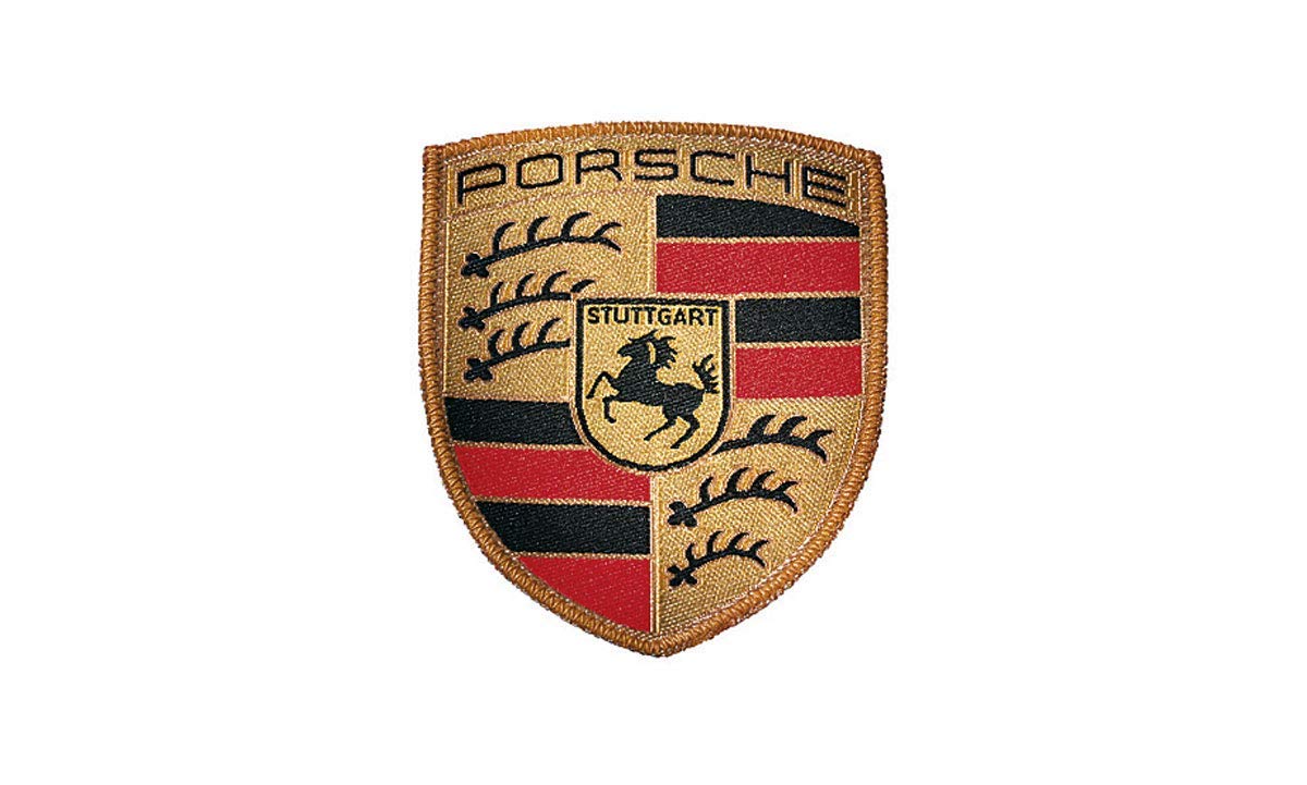 Porsche Sew-On Badge - Rayon Material - Black/Red/Yellow Colors - Iconic Crest Design