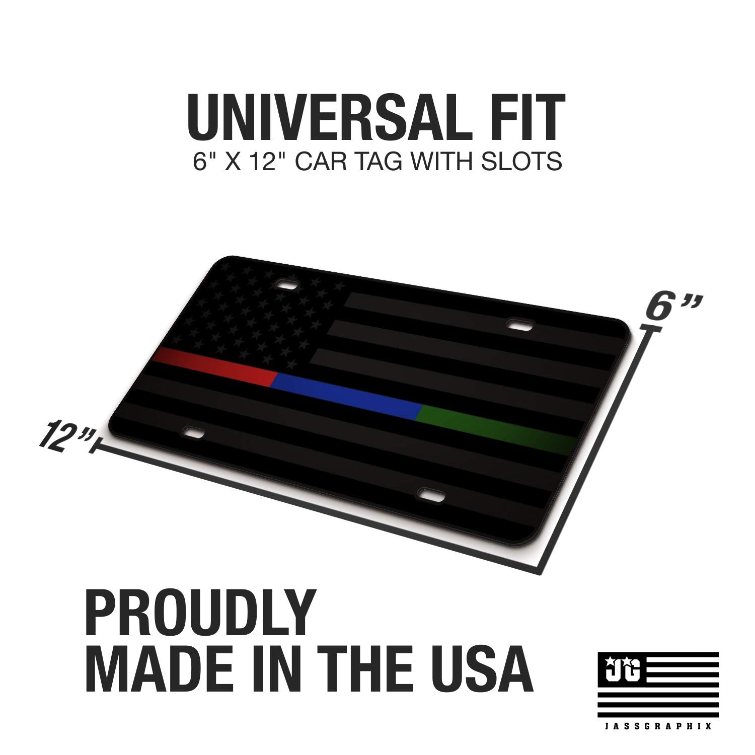 Jass Graphix Thin Blue Line Thin Red Line Thin Green Line Nearly Invisible American Flag License Plate Matte Black On 1/8'' Blac