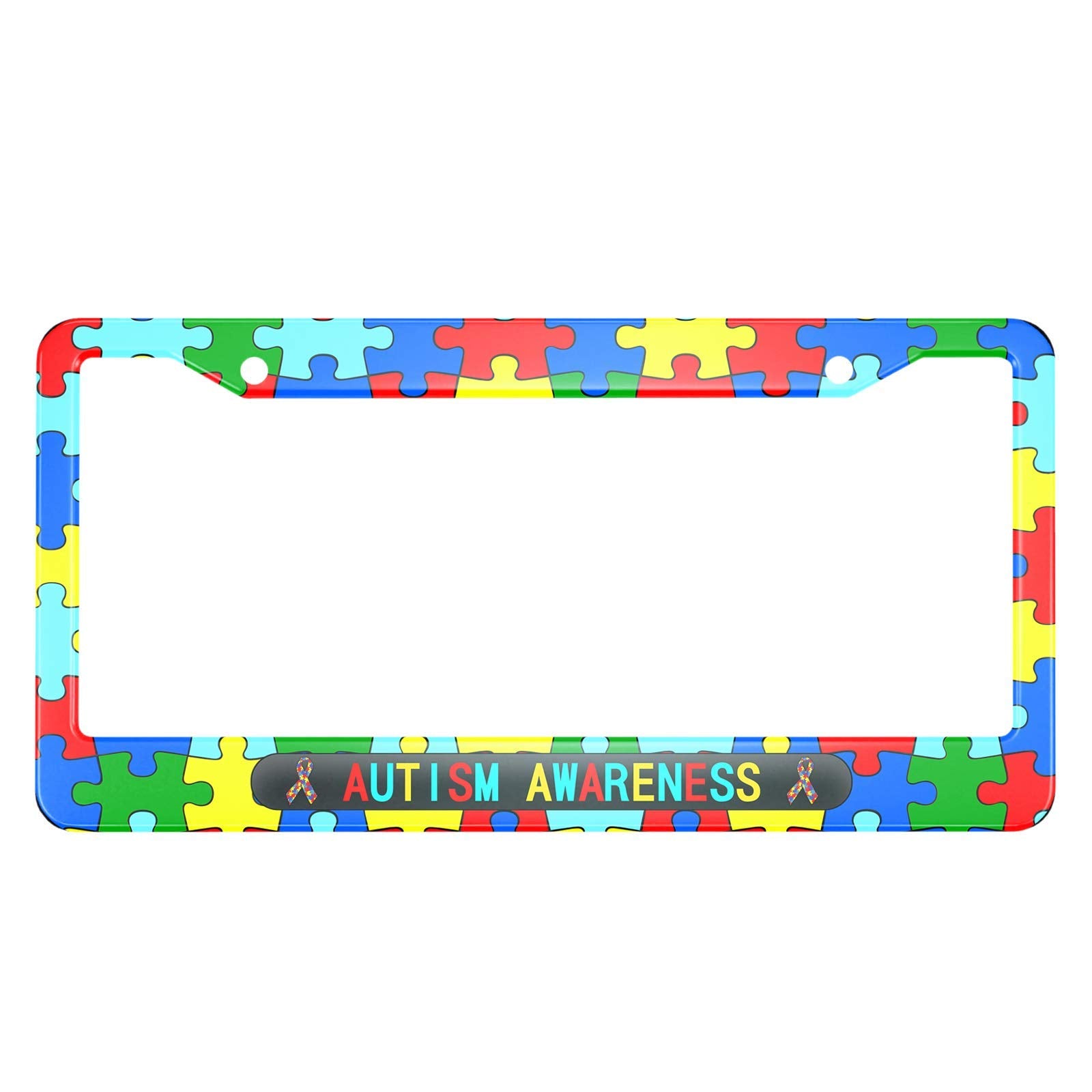 HOSNYE Autism Awareness License Plate Frame Colorful Puzzle Ribbons Metal License Plate Cover Front Plates Frames Car Tag Frame 