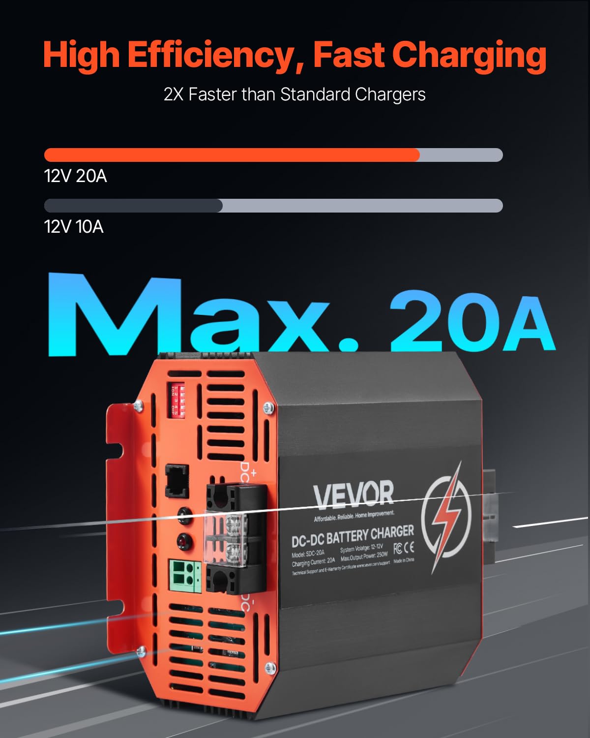 VEVOR 12V 40A DC to DC Battery Charger, 500W On-Board Smart Charging for Lead-Acid, Lithium, AGM, Gel Batteries - Black