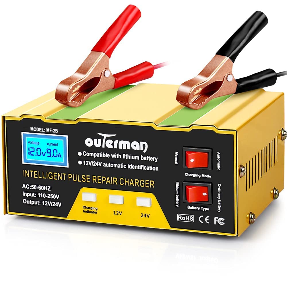 Outerman Car Battery Charger 12V 24V Lithium Battery Charger, Auto Battery Charger Maintainer for Car Boat Motorcycle Lawn Mower