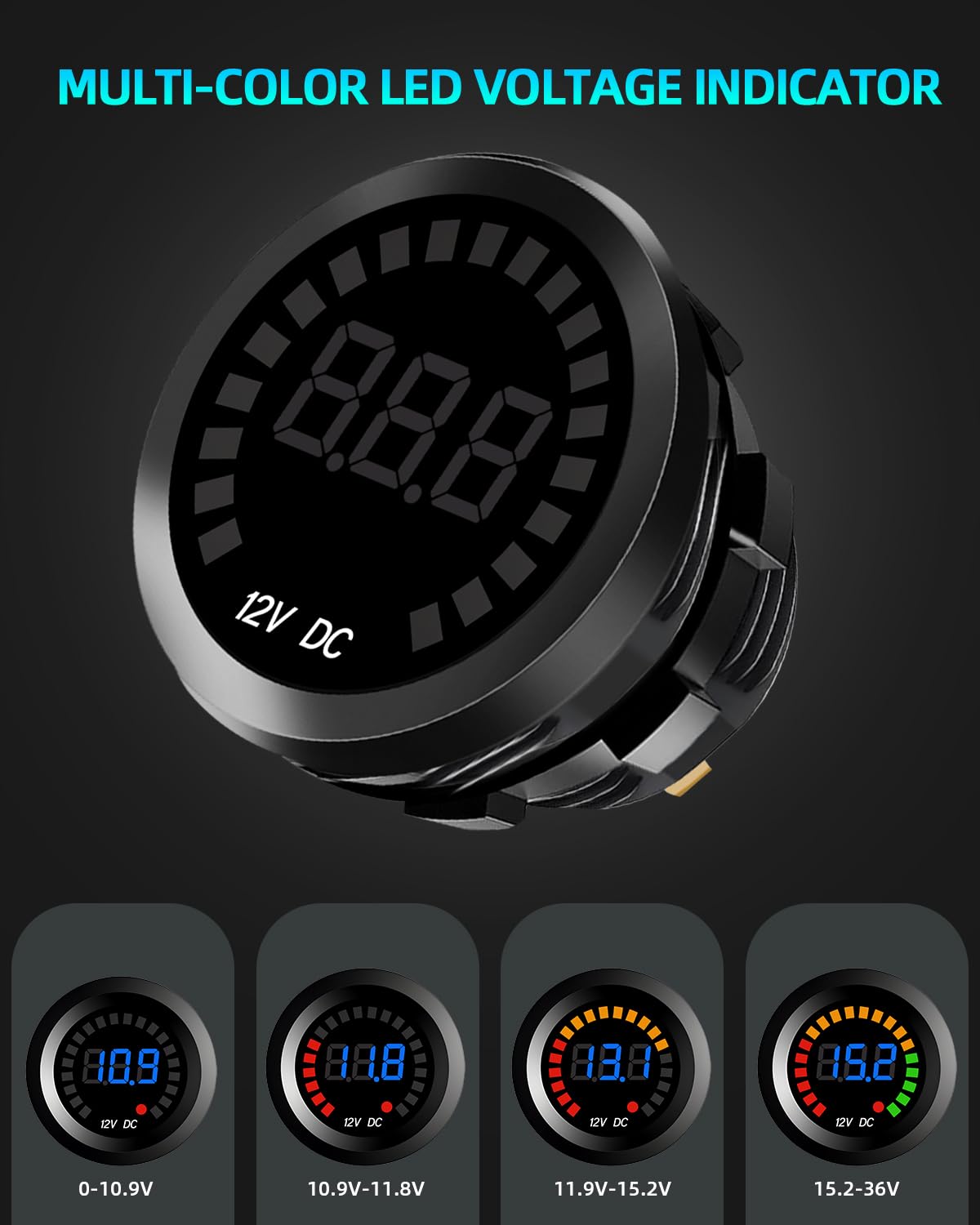 DC 12V Voltage Meter, Waterproof LED Display Voltmeter Gauge Panel, Round Battery Monitor with Mounting Plate & Wires & Terminal