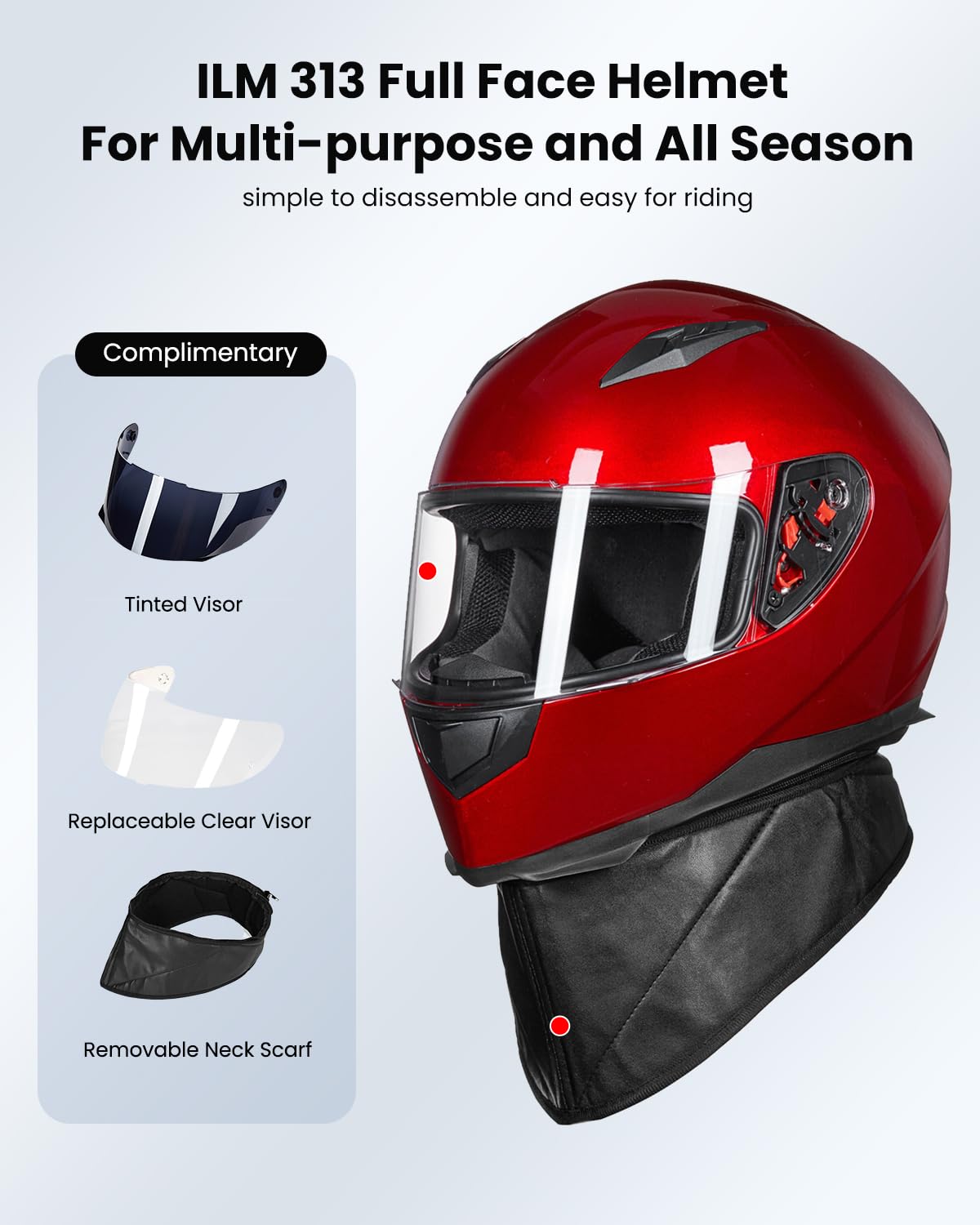 Ilm Full Face Motorcycle Street Bike Helmet With Removable Winter Neck Scarf + 2 Visors Dot Model-Jk313 (S, Bright Red)