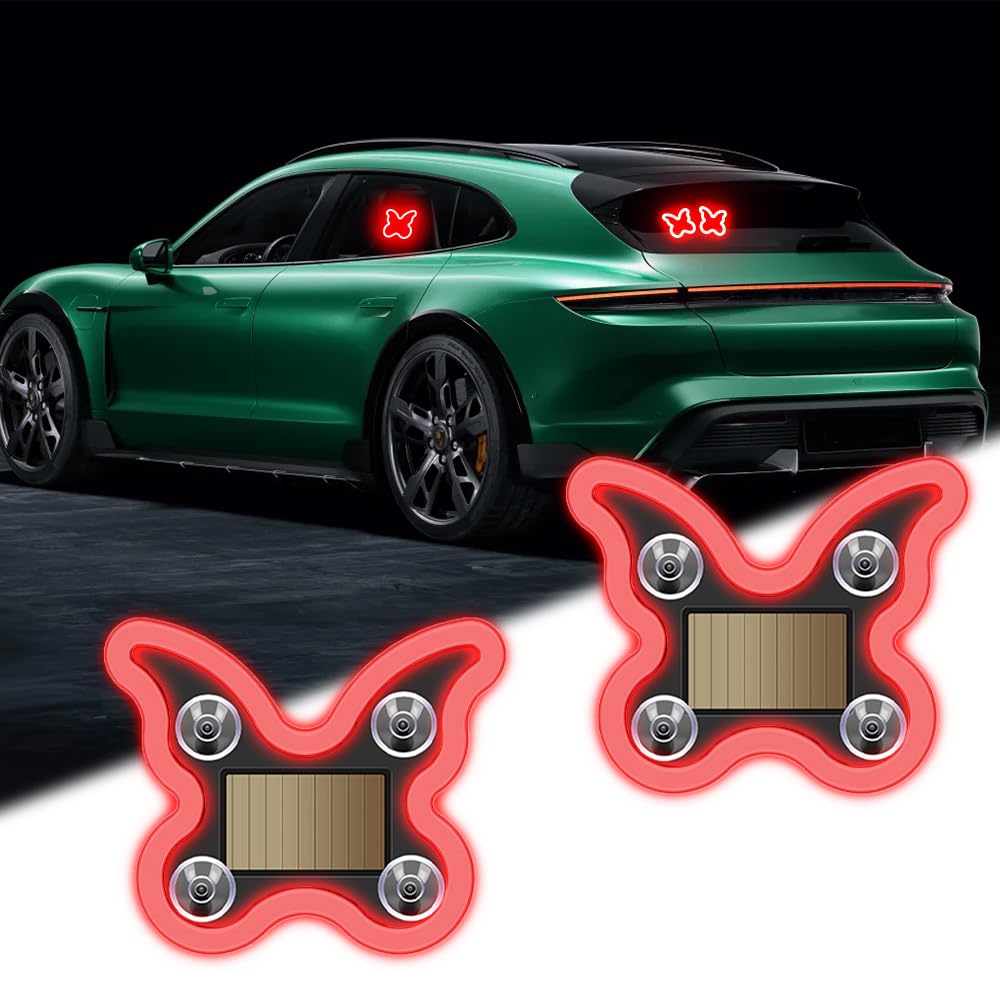 NHHEO Car LED Interior Light, 6 Modes Butterfly Red Ambient Light Solar-Powered&USB Charging LED Neon Light for Car Window Decor