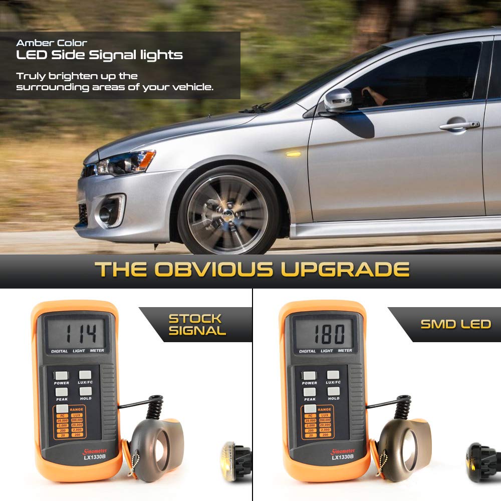 Vipmotoz Amber Full Led Side Indicator Light Front Turn Signal Blinker Lamp For Mitsubishi Lancer Evo X Mirage G4 Outlander Sport, Black Smoked Lens, 2-Piece Driver & Passenger Side Set
