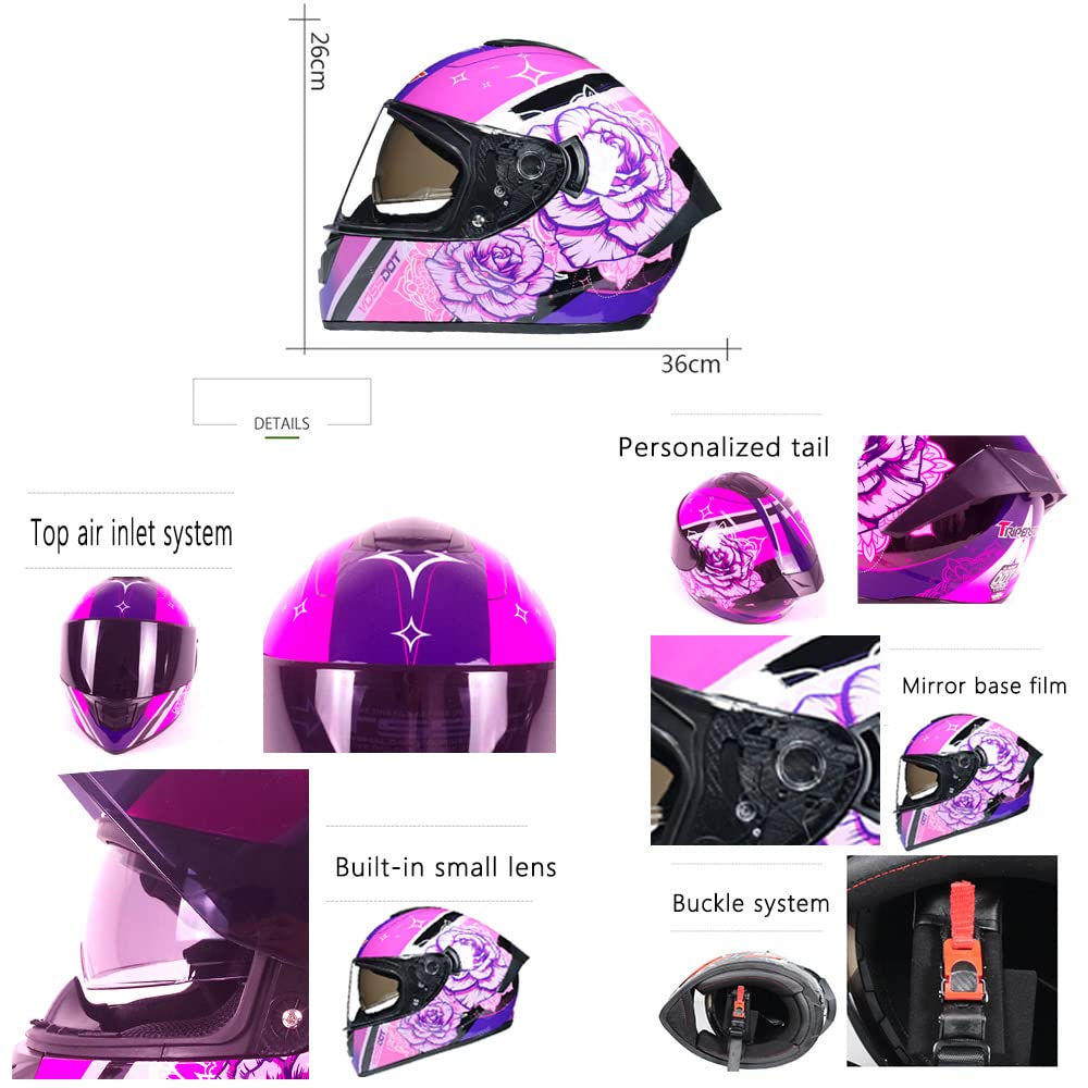 TRIPERSON Full Face Motorcycle Helmet DOT Approved, Large, Rose Color Mirror, ABS Material for Men and Women