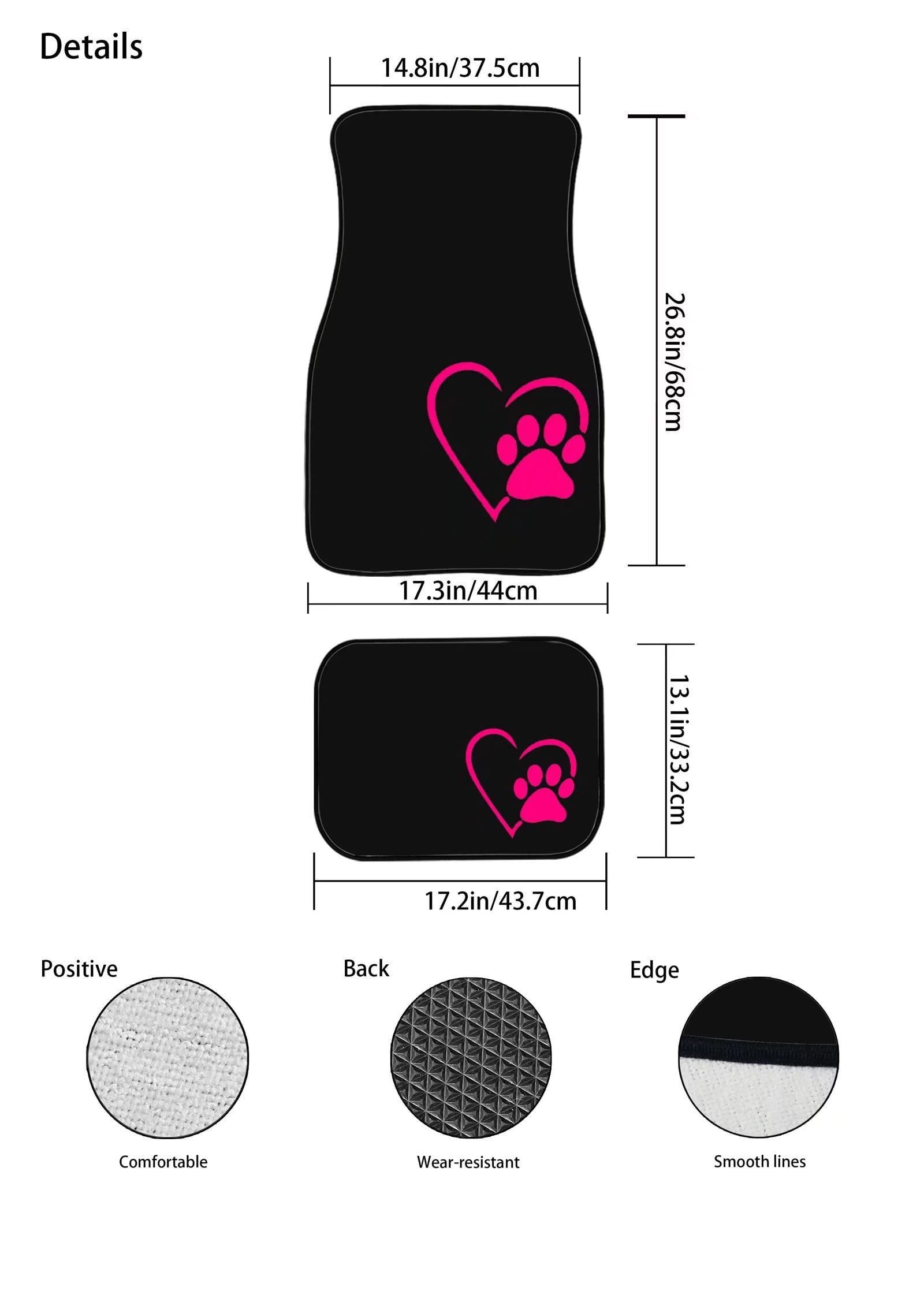 Suhoaziia Dog Paw Heart Pink Car Floor Mats, Front Rear Floor Liner with Anti-Slip Rubber Backing Full Set of 4, All Weather Pro