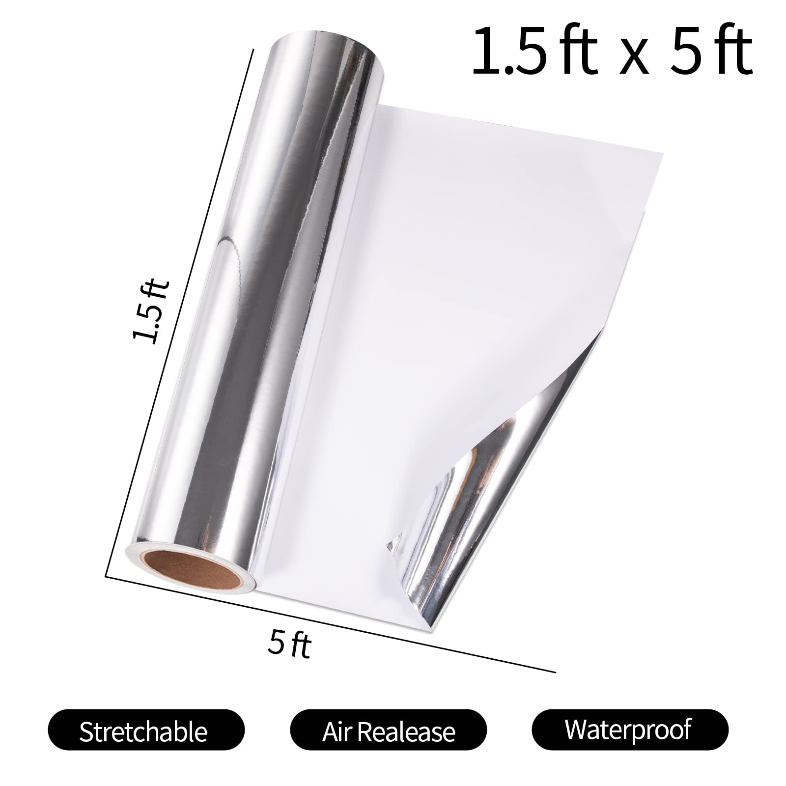 VINYL FROG Car Vinyl Wrap - 1.5x5ft Chrome Mirror Silver Self-Adhesive Vinyl Sticker Decals Film Decoration, Model VF-TM1729-1.5x